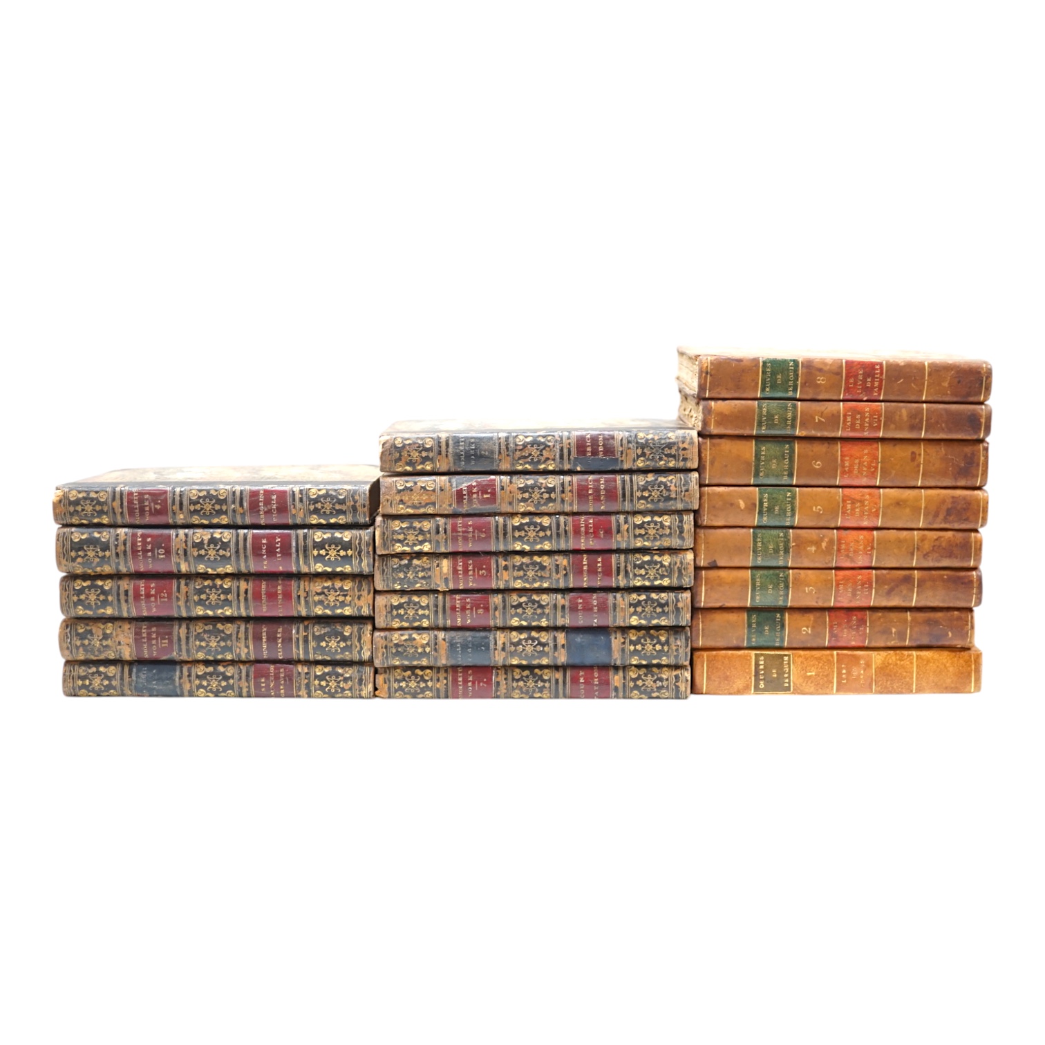 Smollett, Tobias - The Miscellaneous Works. 12 vols. contemp. half calf and marbled boards, sm.8vo. 1824; Berguin - Oeuvres Completes. nouvelle edition, 8 vols. engraved plates. contemp. half calf and marbled boards, red